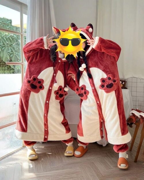 Red kawaii animal nightgown, coral fleece long thickened nightgown, plush pajama set.