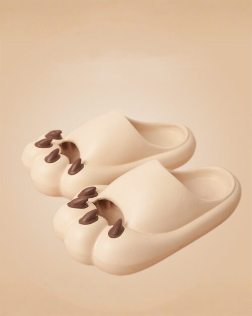 Cat paw sandals, thick and plush slides in a beige color. Kawaii Home style.
