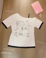 Harajuku kawaii t-shirt featuring cute illustrations and a pink trim.