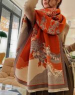 Vegan cashmere scarf featuring a floral print, wide design.