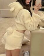 Cream-colored kawaii hooded pajamas featuring Burt's Bees branding and a relaxed fit.