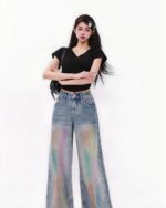 Colorful high waist loose jeans with a rainbow fade, Y2k aesthetic denim pants.