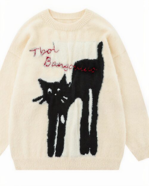 Loose Embroidered Sweater - Stretched Cat