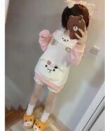 Pink Embroidered Sweater - Jojifuku Aesthetic, showing a full outfit with accessories.