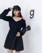 Solid black gothic aesthetic dress with long sleeves, lace-up bodice, and off-the-shoulder detail.