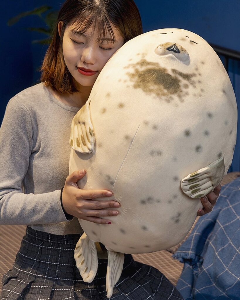 Kawaii chonky sea lion plushie being held by a person.