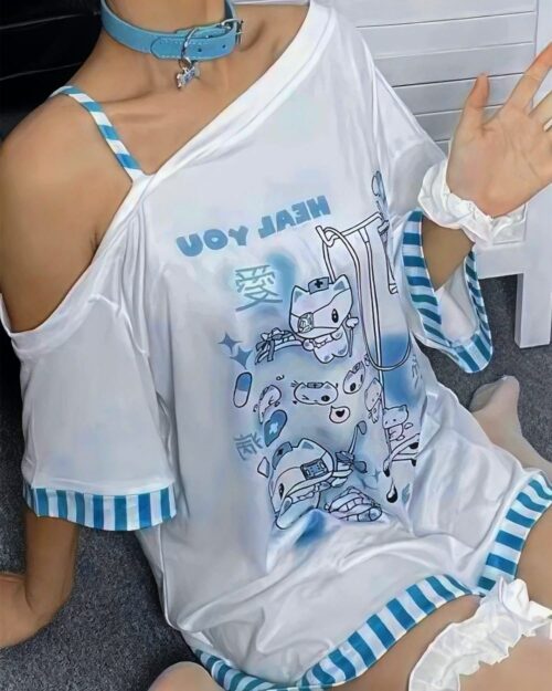 Blue Nurse Cat T-Shirt - Cutecore Aesthetic