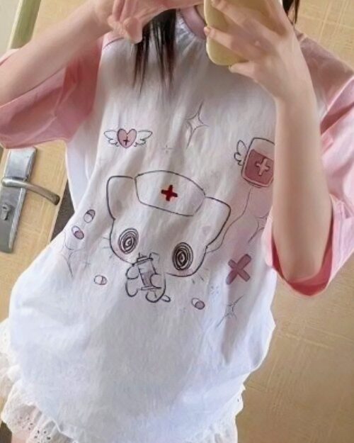 White Neko Nurse T-Shirt with a cute nurse cat design and medical symbols.