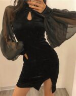 Black korean aesthetic dress with sheer sleeves and a high neck detail.