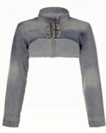 Light blue y2k denim top, cropped with long sleeves and front closures.