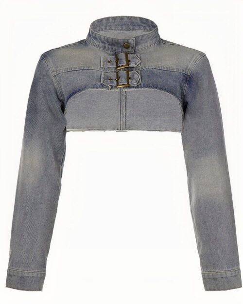 Light blue y2k denim top, cropped with long sleeves and front closures.