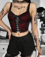 Red gothic lace vest with lacing details, paired with black shorts. A gothic aesthetic top.