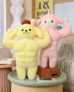 Sanrio muscular plushies featuring Popple and a pink bear flexing their arms.