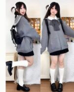 Gray sailor collar jacket worn by a young woman in Japanese streetwear style.