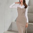 Elegant Fashion Hip Dress - Korean Aesthetic, a beige midi dress with a white shirt overlay and belt.
