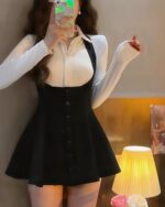 Black halter dress with white top, Korean aesthetic style, short skirt.