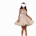 A light pink soft girl dress with floral pattern, featuring a tiered skirt and spaghetti straps.