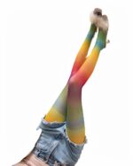 Colorful japanese rainbow socks on a white background, showing a leg with footwear.