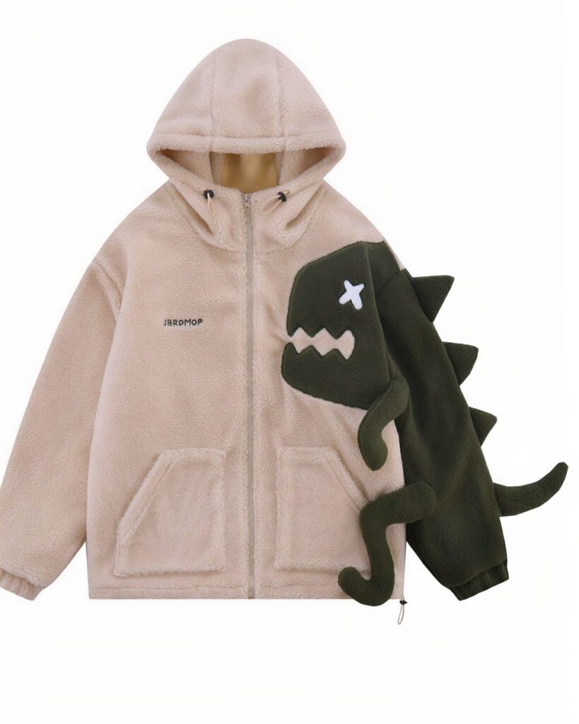 Harajuku dino hoodie featuring a plush, green dinosaur applique and a fluffy, beige cashmere exterior.