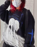 Anime aesthetic sweater, The End of Eva, featuring a detailed wave print design on a knitted sweater.
