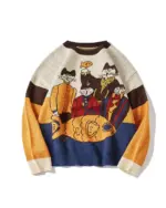 Retro cat reunion sweater featuring cartoon cats arranged around a fish. Colorful knitwear design.