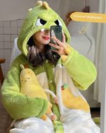 Coral Fleece Long Thickened Nightgown featuring a kawaii dinosaur-nightgown design.