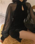 Black Korean aesthetic dress featuring a sheer velvet material and long sleeves.