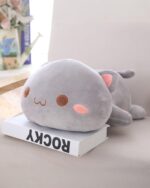 Gray mochi peach cat plushie, soft and cute stuffed animal.