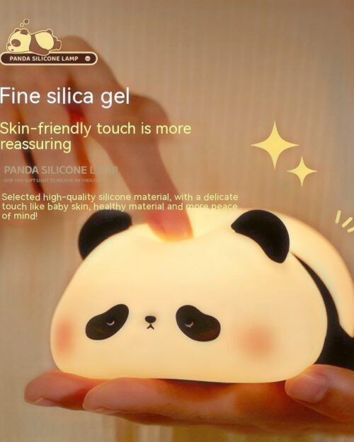 Close-up of a panda night lamp, showcasing its cute design and soft silicone material.