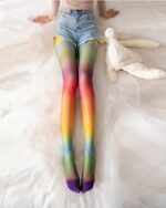 Close-up of japanese rainbow socks, displaying a vibrant color gradient on stockings.