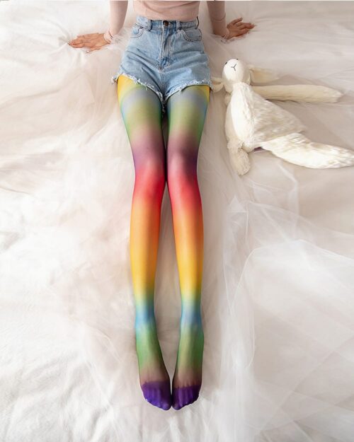 Close-up of japanese rainbow socks, displaying a vibrant color gradient on stockings.