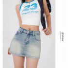 High Waist Denim Skirt - Y2K Aesthetic, light wash denim mini skirt.
