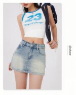 High Waist Denim Skirt - Y2K Aesthetic, light wash denim mini skirt.