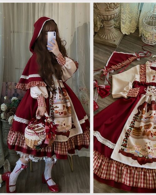 Red Cape Puffy Dress - Classic Lolita Aesthetic, featuring a red hooded cape and layered ruffles. A charming, detailed classic lolita dress.