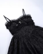 Dark Rose Lace Sling Dress - Gothic Aesthetic, black lace and tulle dress with straps and bow detail.