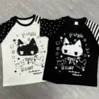 Cute black and white tees featuring a goth punk aesthetic, with cat character designs and 'Push' text.