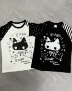 Cute black and white tees featuring a goth punk aesthetic, with cat character designs and 'Push' text.
