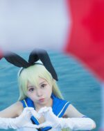 Cosplayer wearing a Shimakaze uniform set from Kantai Collection.
