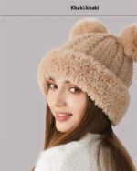 Khaki bear ears hat, a warm winter beanie with plush ear decorations.