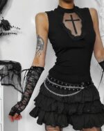 Black gothic mesh top with a cross design, featuring a high neck and open back. A stylish gothic mesh top.