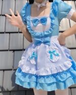 A light blue japanese maid dress with white accents and ruffles.
