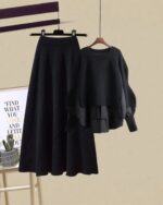 Black Korean aesthetic set featuring a sweater and a midi skirt with button details.