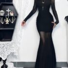 Mesh Long Sleeve Dress - Gothic Aesthetic word3