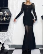 Black Mesh Long Sleeve Dress - Gothic Aesthetic, featuring a square neckline and slim fit.