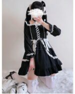 Black lace chibi gothic lolita dress with long sleeves and ruffled trim.