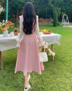 Long pink dress - vintage aesthetic dress, worn outdoors with picnic elements.