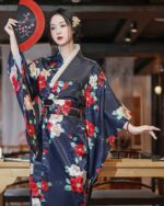 Satin-Fabric Light Kimono - Japanese Floral Design, featuring a woman holding a fan.