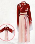 Red crane hanfu: A traditional dress featuring a red jacket and flowing pink skirt with crane embroidery.