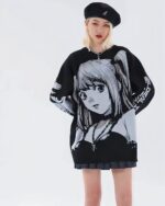 Black animecore sweater featuring a character print.