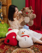 Small christmas chonky plushies featuring a reindeer, snowman, and Santa plush.